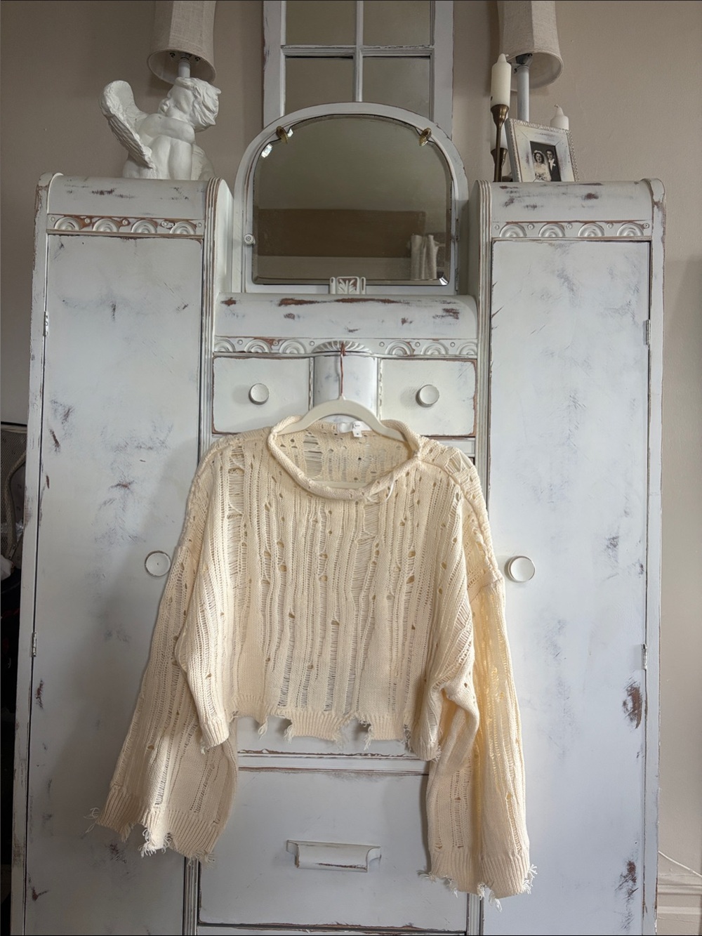 Women's Distressed Cropped Turtleneck Sweater - Cream
